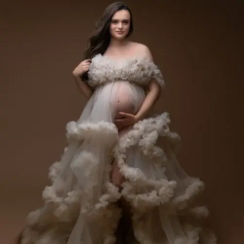 

High Split Maternity Dresses Sweetheart Neck Off The Shoulder Pregnancy Gown Tiered Ruffles Dresses For Photoshoot Or Babyshower