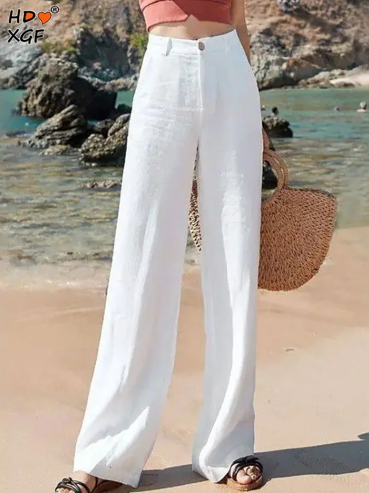 

Повседневные хлопковые льняные пляжные брюки с высокой талией, летние богемные однотонные прямые брюки в стиле ретро