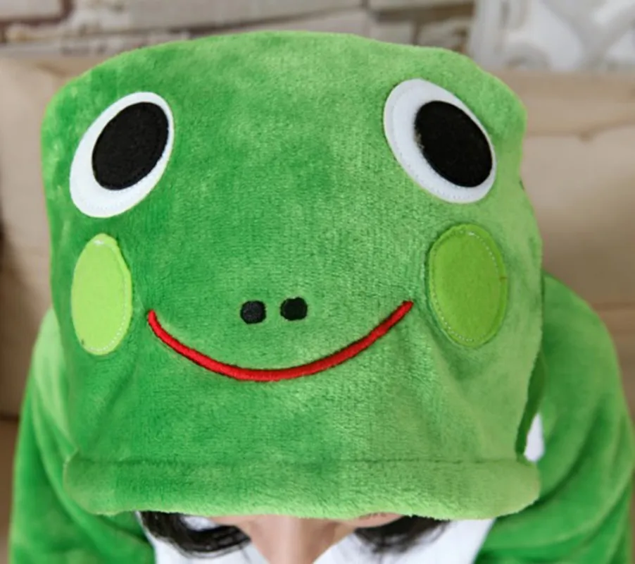 Unisex Winter Animal One-Piece Pajamas Sets Warm Frog Pattern With Zip Fastener Length To The Floor Cute Comfortable Cosplay