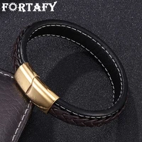 fortafy men bracelets bangles charm leather bracelet male jewelry golden stainless steel magnetic clasp leather wristband fr0212