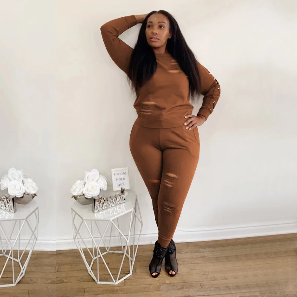 

Женский костюм, Модный повседневный комплект из двух предметов, спортивный костюм, Осенний верх с дырками, леггинсы, брюки, спортивная одежд...