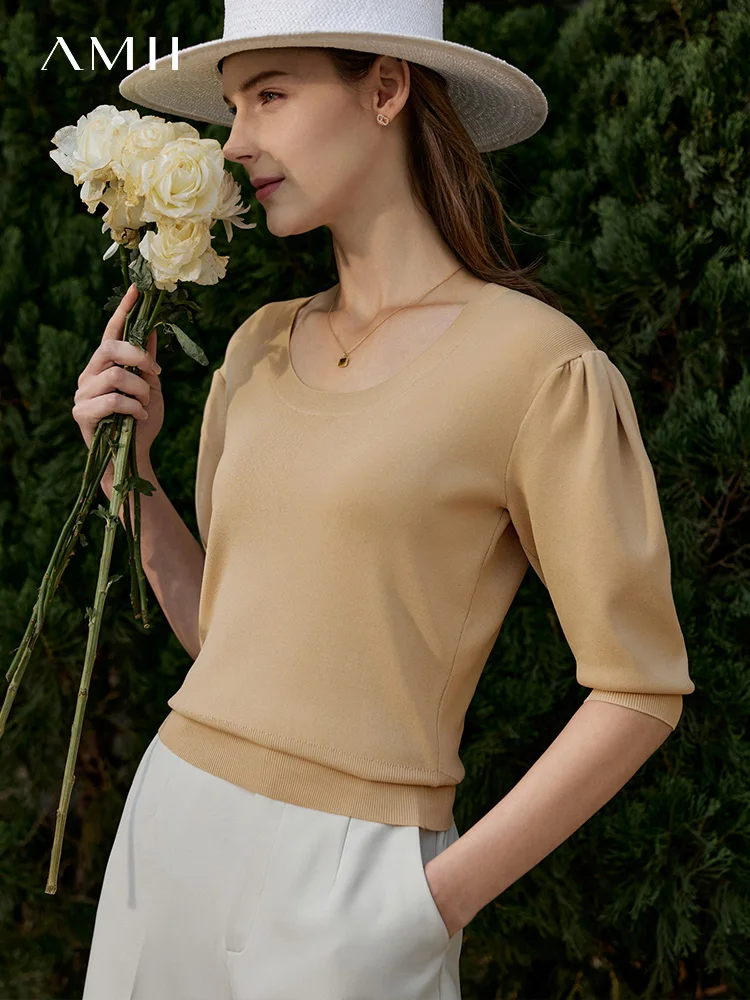 

Amii Minimalism Summer Women's Short-sleeved Knitted Solid Slim Short Section Princess Sleeve Office Lady Elegant Top 12240398