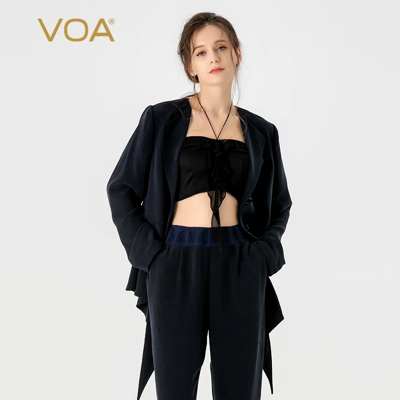 

VOA 30 Momme Heavyweight Mulberry Silk Navy V-neck Long Sleeve Single Row Two Button Loose Leaf Bottom Hem Silk Suit Coat WE235