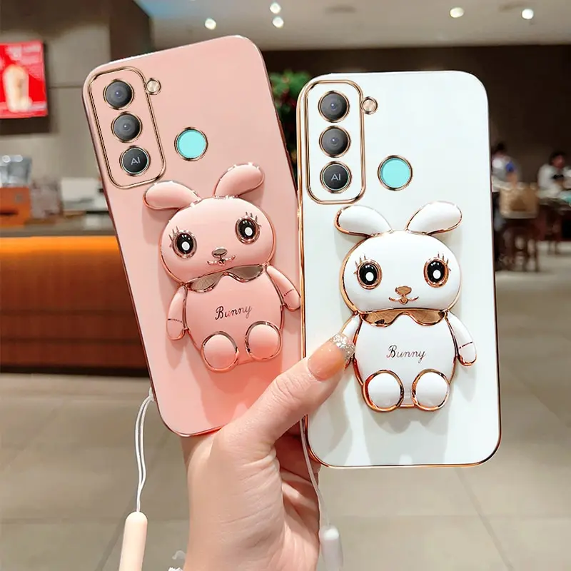 

Phone Case for Infinix Tecno Pop 5 Lite Tecno Pova 2 Luxury Plating Square Rabbit Holder With Landyard Case Cover