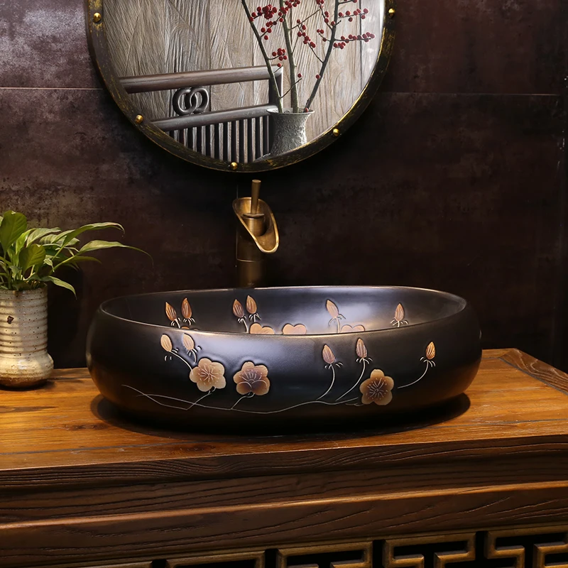 

Colorful peony Europe style flower shape handmade porcelain china Art sinks Counter Top ceramic wash basin bathroom sink