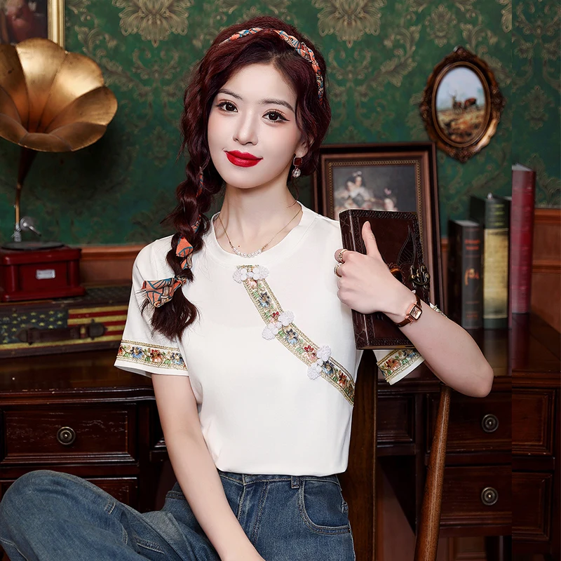 Женская футболка в китайском стиле новые летние винтажные футболки с вышивкой