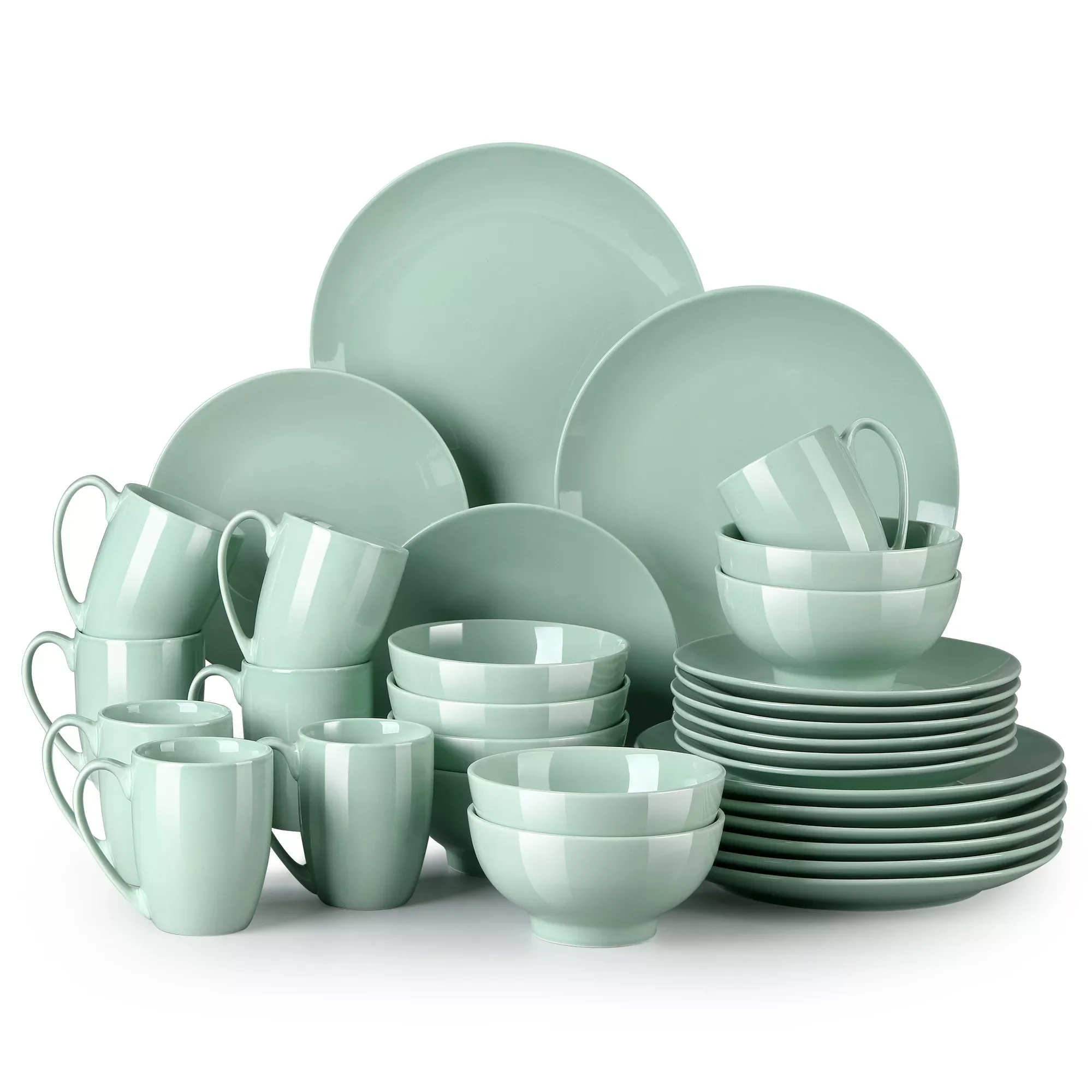 

16/32/48-Piece Grass Green Ceramic Porcelain Dinnerware Dinner Set with Dinner Plate,Dessert Plate,Bowl,Mug Set