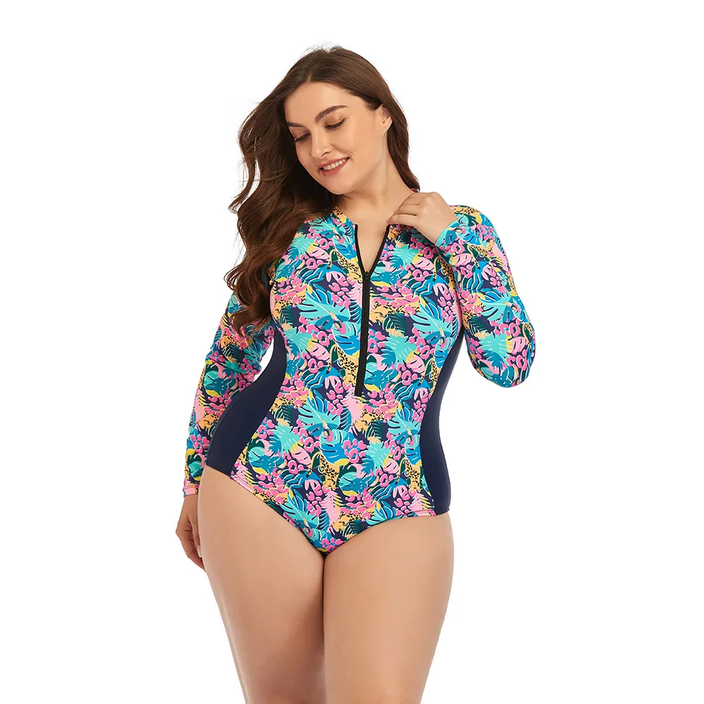 

Womens Zip Front Printed Long Sleeve One Piece Swimsuit Swimwear Retro Bathing Suits Summer Casual Beach Plus Size XL XXL XXXL