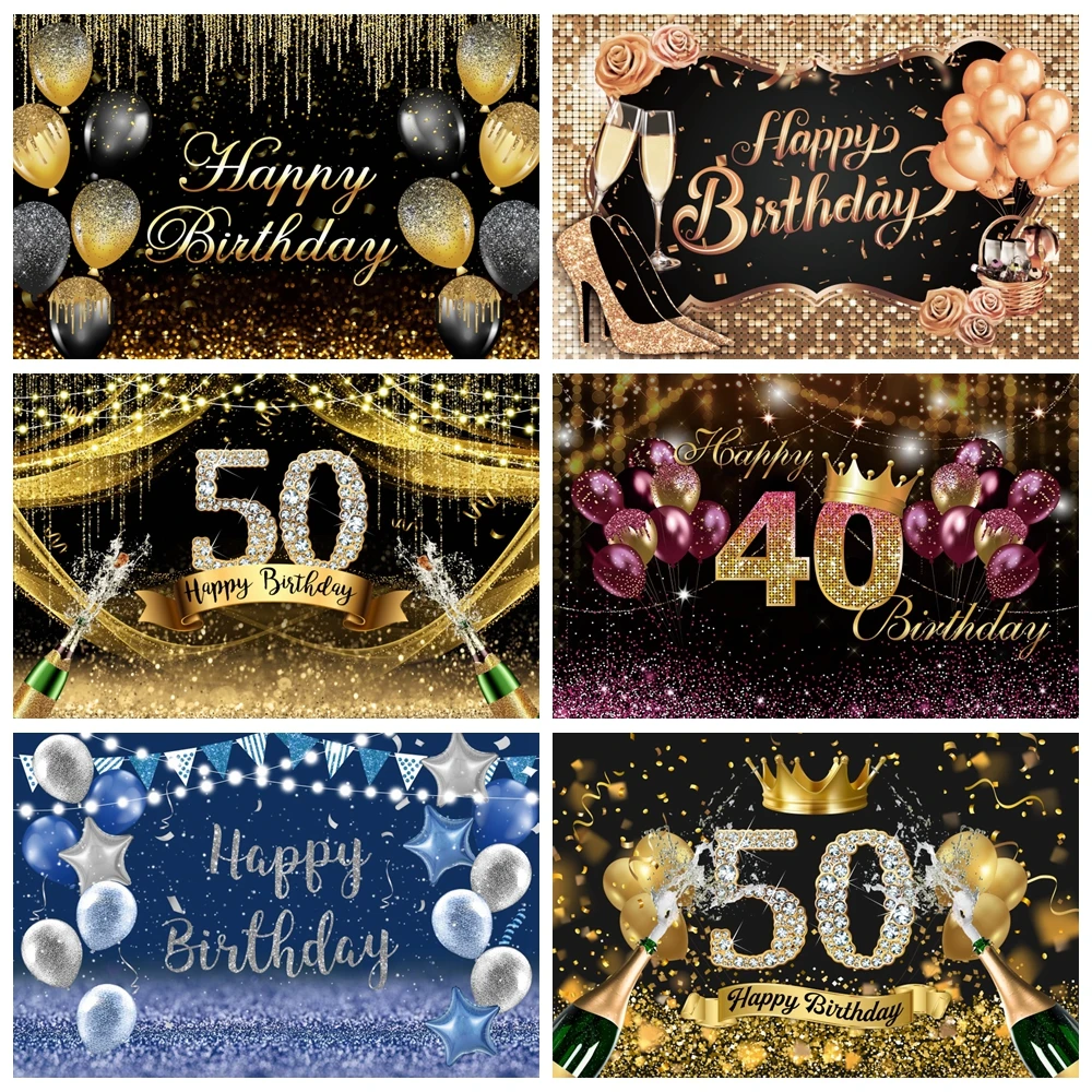 

Happy Birthday Backdrop for Photography Glitter Gold Balloon Boy Girl Adult Birthday Party Background Photo Studio Props Banner