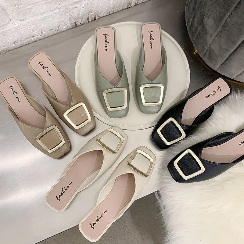 Mules for Flat Shoes for Womens Summer Classic Mule Women Shoe Casual Square Toe Female Half Slipper Ladies Low Heel Mule