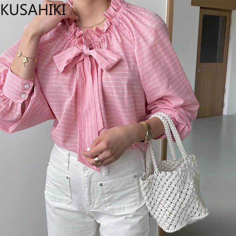 Корейская шикарная Осенняя Новинка Стильная Милая рубашка с бантом модная