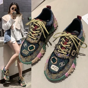 Women Sports Shoes Mixed Colors Air Mesh Crystals New Style Fashion Popular Lace Casual Soft Thick A
