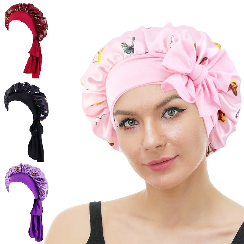 

New Printing Satin Women Bonnet Stretchy Tied Elastic Wide Band Night Sleep Hat Chemo Caps Head Wrap Hair Care Adjustable Straps
