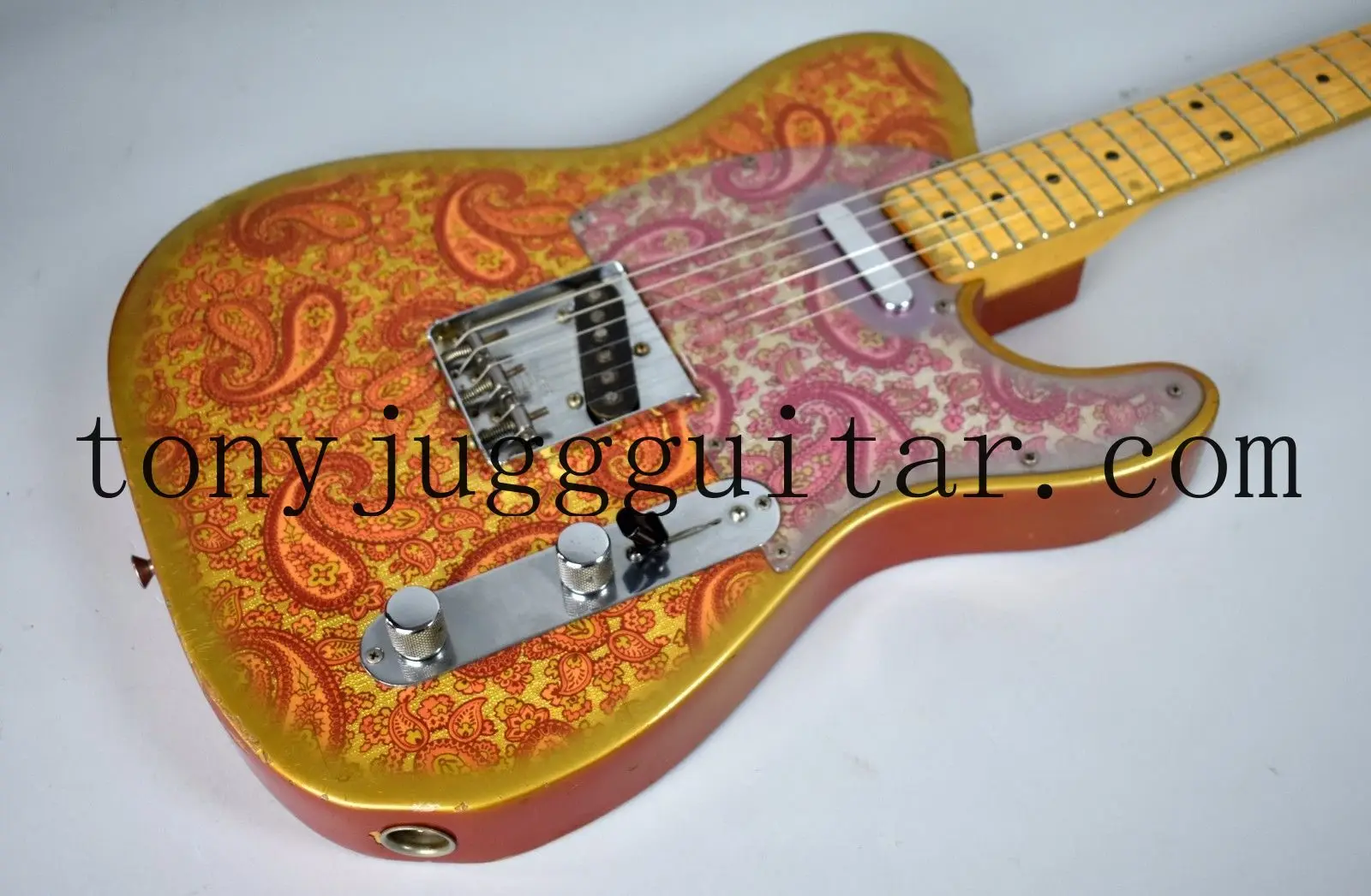 

Custom Masterbuilt Dale Wilson 1969 Relic Gold Burst Pink Paisley Tele Electric Guitar, Maple Fingerboard & Black Dot Inlay