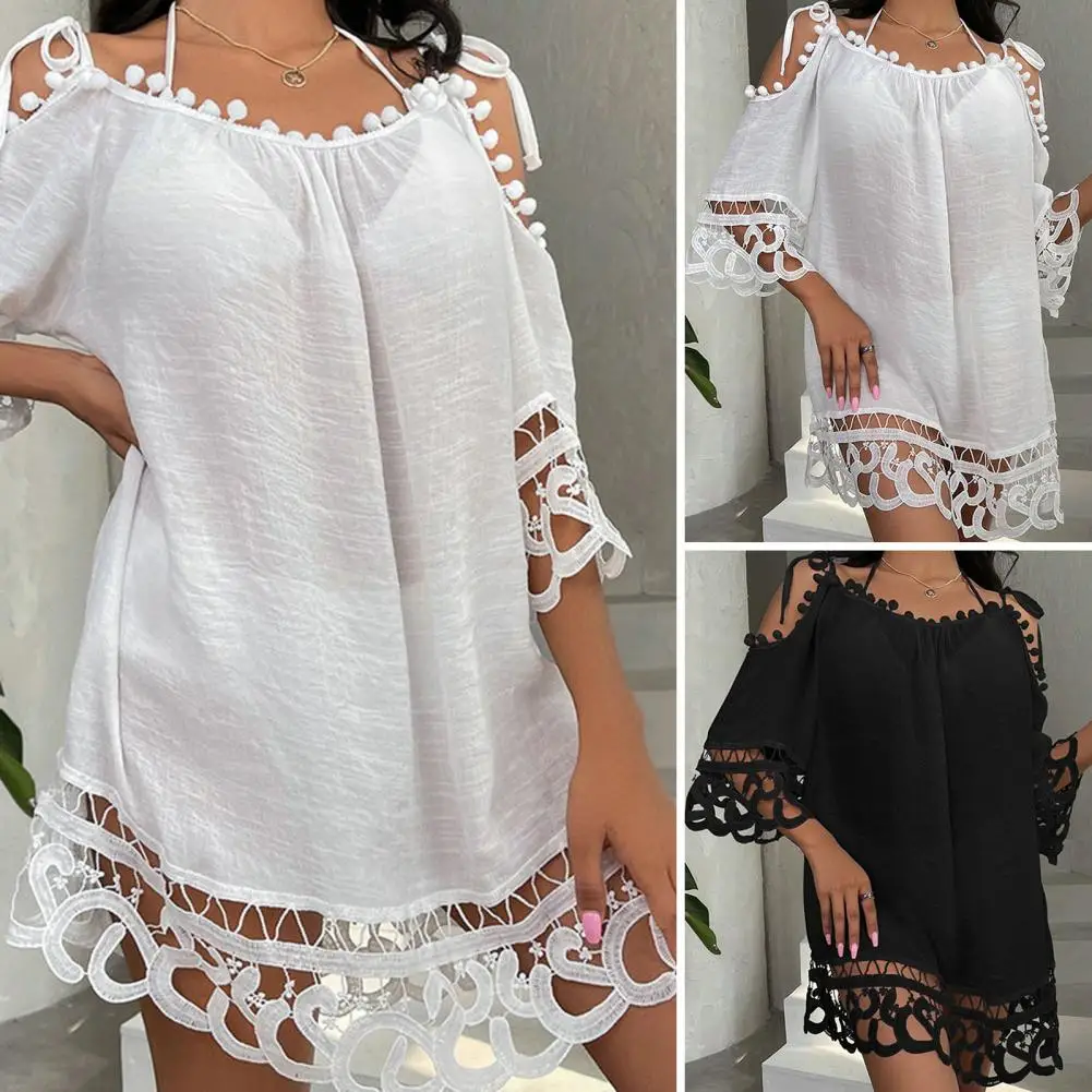 

Women Beach Cover Up See-through Summer Beach Cover Up Halter Neck Lace Crochet Summer Vacation Beach Mini Dress Anti-UV