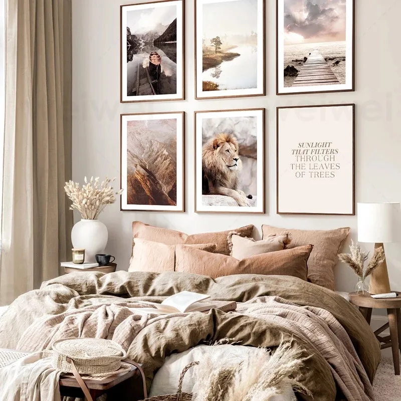 

Wood Bridge Boat Lion Poster Aesthetic Bohemian Sunset Art Print Nature Landscape Wall Painting Canvas Artwork Pictures Decor