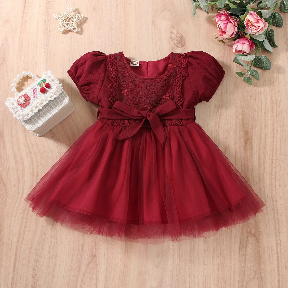 

Baby Clothes for Girls Infant Casual Dress Toddler Solid Red Lace Mesh Princess Dresses + Belt Children Summer White Outfits