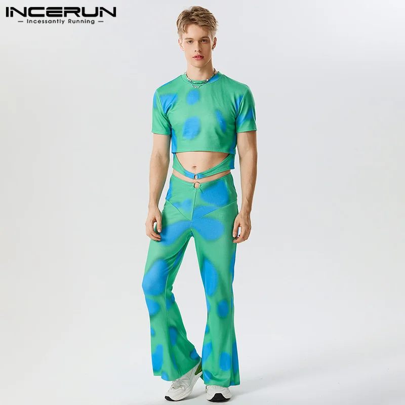 

INCERUN Men Sets Tie Dye Streetwear Summer Hollow Out Short Sleeve Crop T Shirts & Pants 2PCS 2023 Fashion Men's Casual Suits