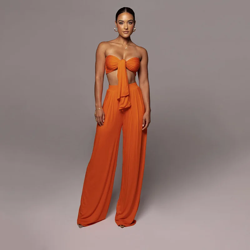 Fashion Street Style Casual Womens Clothing 2021 Autumn New Female Sense Pure Color Lace-up Tube Top Trousers Two-piece Suit