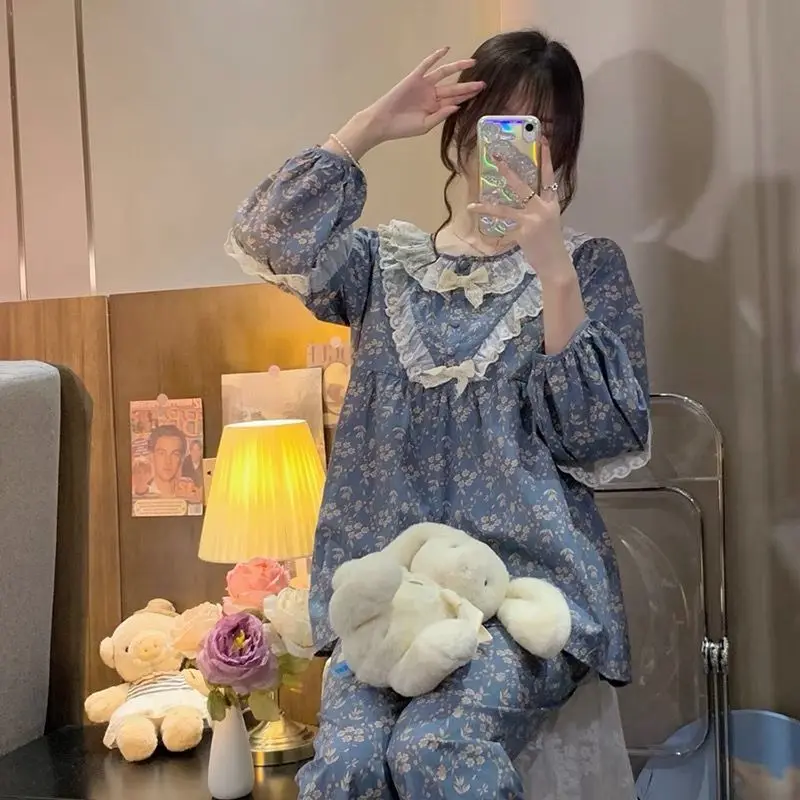 QWEEK Sleepwear Set Woman 2 Pieces Pajamas Vintage Ruffles Bow Pyjamas Nightwear Pijamas Trouser Suits Spring Autumn Home Wear