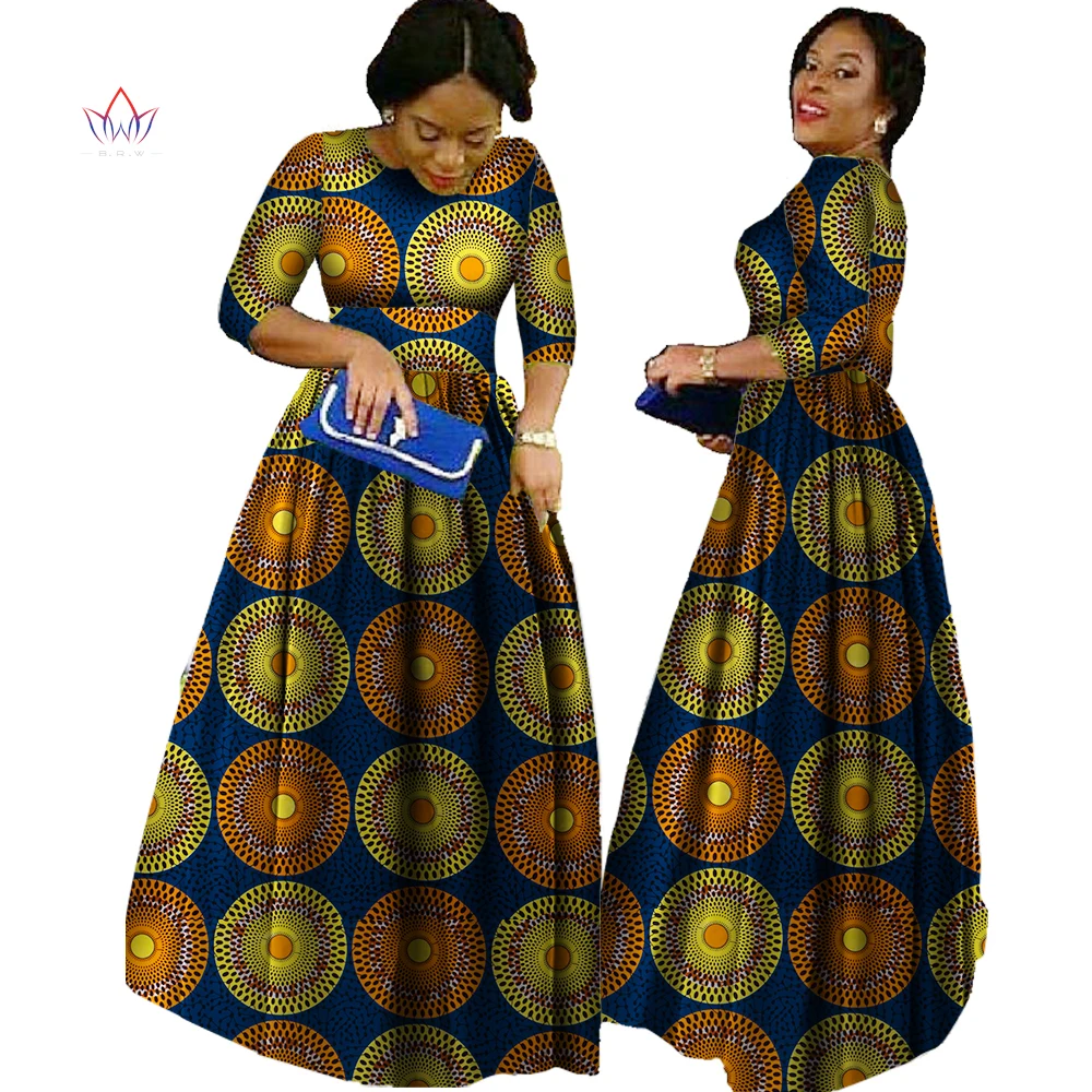 

2021 African Bazin Dresses For Women Ankara Long Sleeves Dresses For Women In African Clothing o-neck maxi print wear WY516