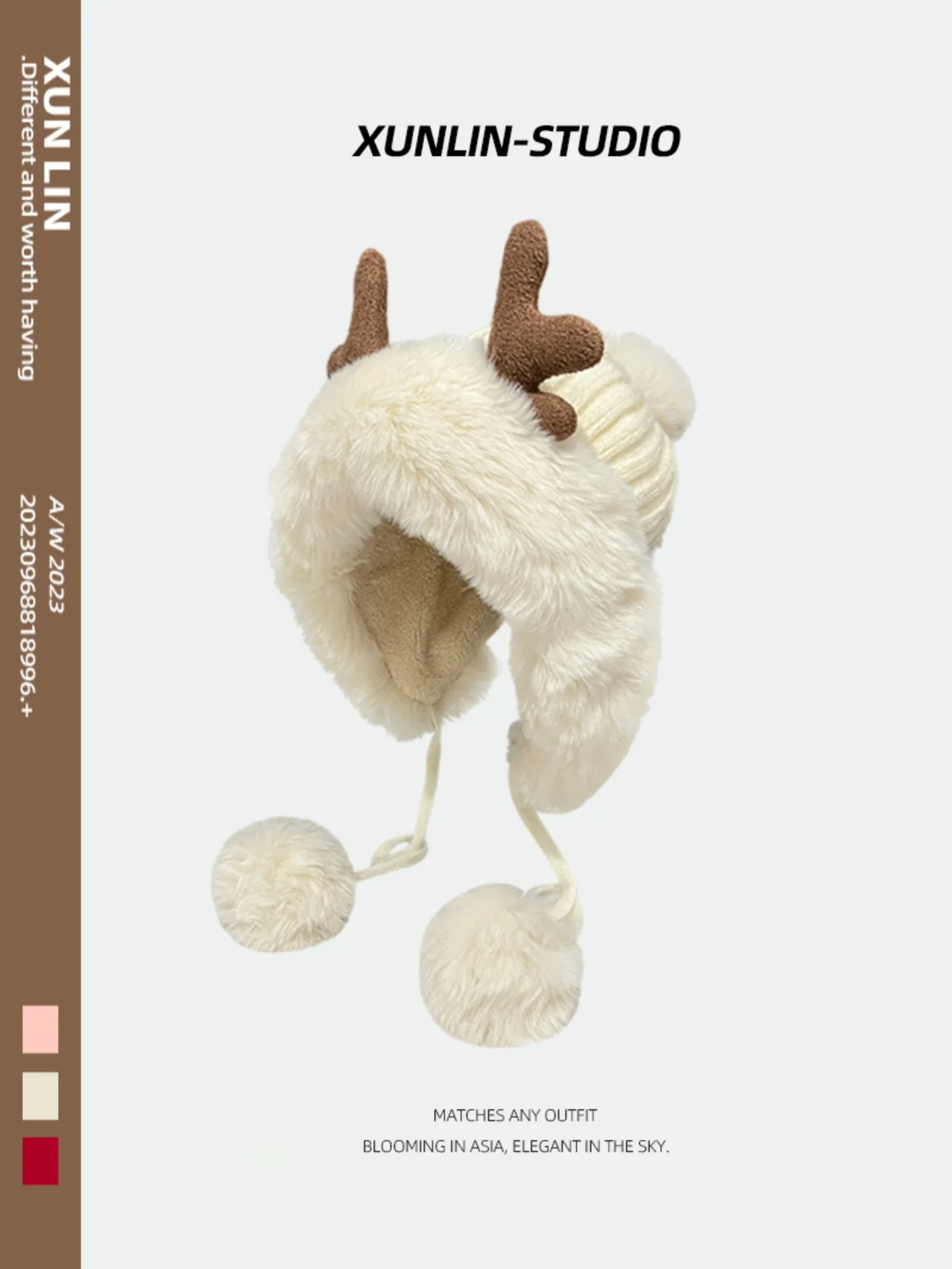 Christmas Chic Antler Hat Female Winter Cycling Cute Fur Ball Lei Feng Fleece-lined Warm Earmuff Knitted Woolen Cap