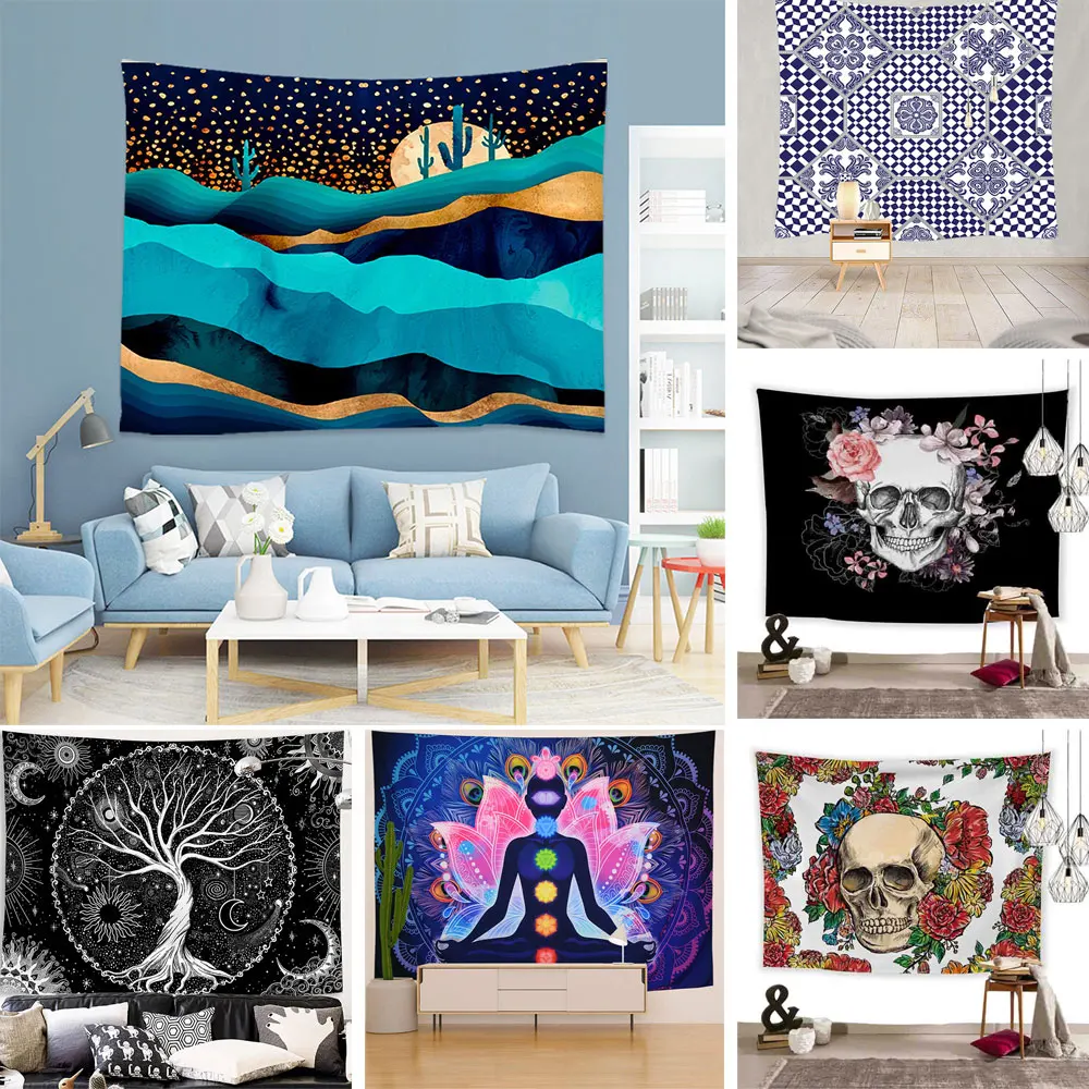 

Blue Waves And Starry Sky High Color Contrast Bedroom Decoration Hanging Cloth Skull Kaleidoscope Starry Sky Living Room