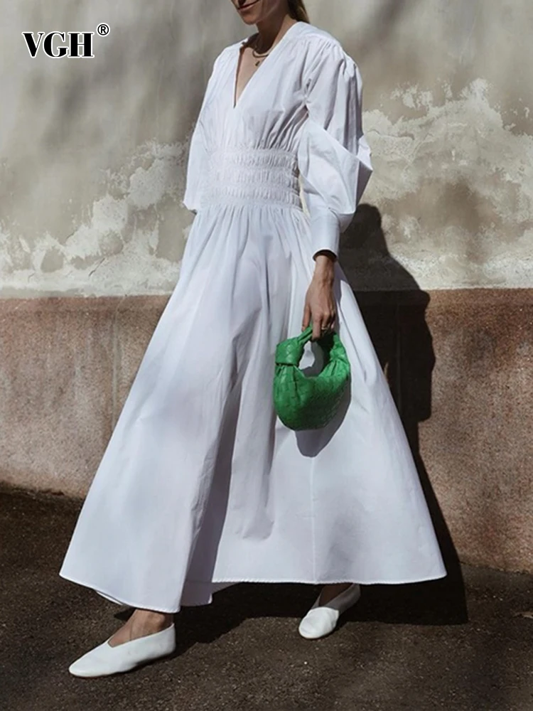 

Женское платье с рукавами-фонариками VGH, Повседневное платье составного кроя с V-образным вырезом и высокой талией, весенняя одежда 2023