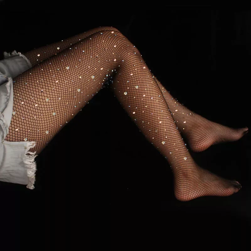 

New in Trendy Sexy Woman Pantyhose Shiny Slim Fishnet Stockings Hollow Net Diamonds Lattice Tights Shiny Rhinestone Stockings li