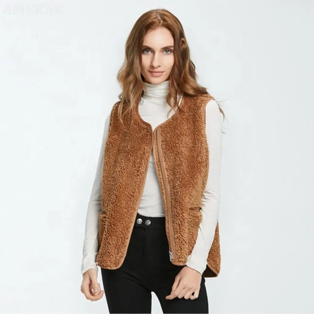 Women Winter Real Fur Zipper Vest Pure Color o-neck Fleece Adult Coat Real Fur Dual Pocket Thermal Elegant Women's Vest 2022