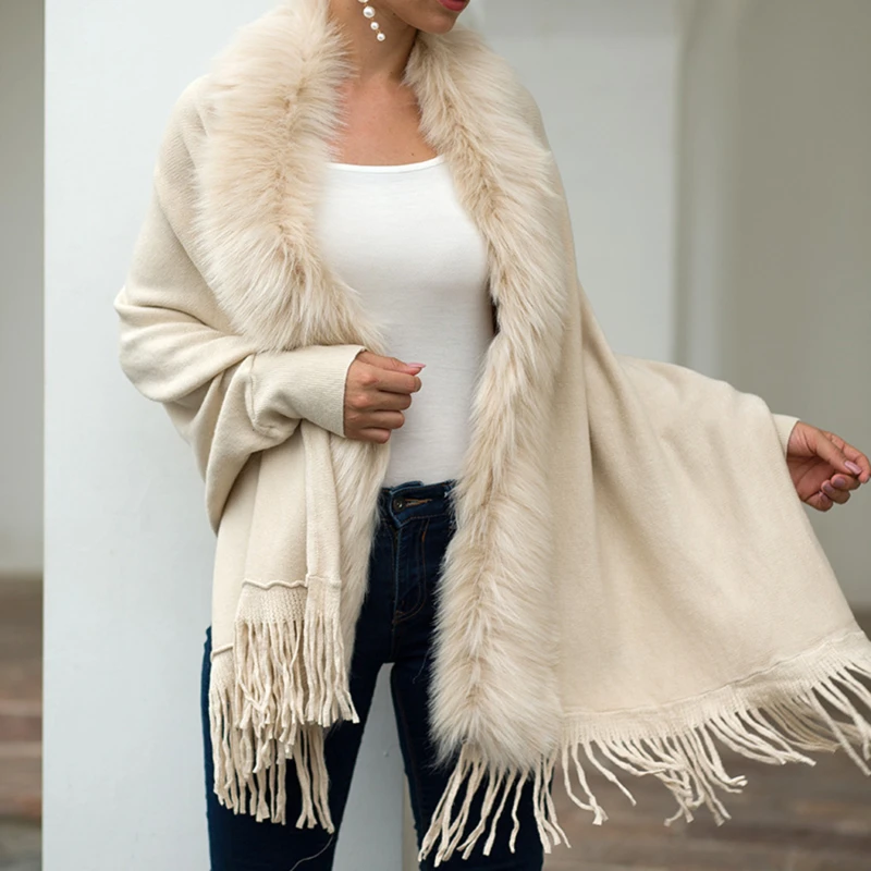 

Fur Collar Winter Shawls Wraps Female Bohemian Fringe Cloak Womens Winter Ponchos Capes Batwing Sleeve Cardigan Sweater