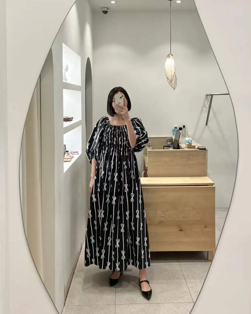 

SuperAen 2022 Summer Floral Printing Lace Square Collar Puff Sleeve A-LINE Casual Ankle-Length Woman Dress