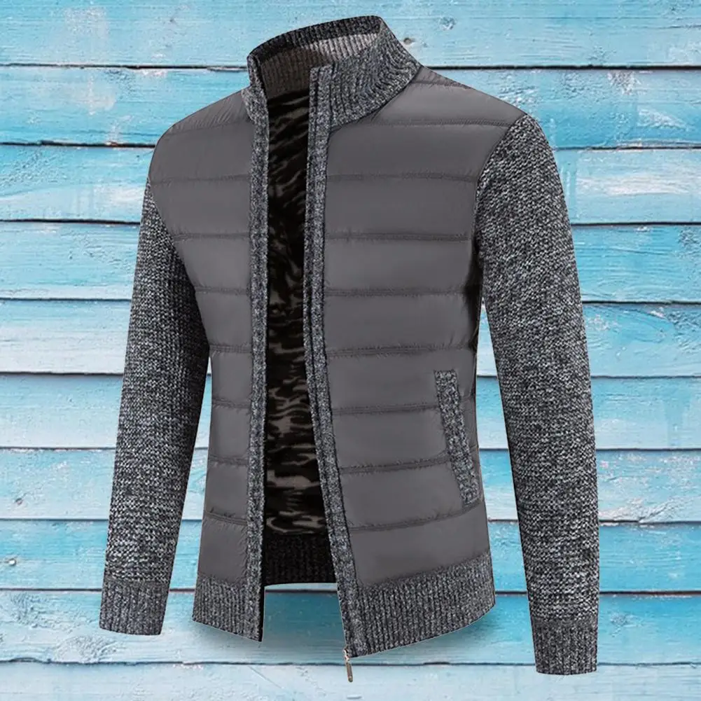 Autumn Winter Sweater Coat Thicken Patchwork Stand Collar Coldproof Plush Lining Jacket for Daily Wear