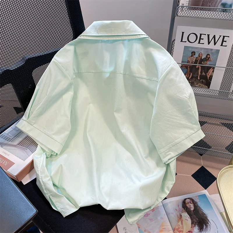 Мятно-зеленые женские рубашки новые летние блузки с короткими рукавами и