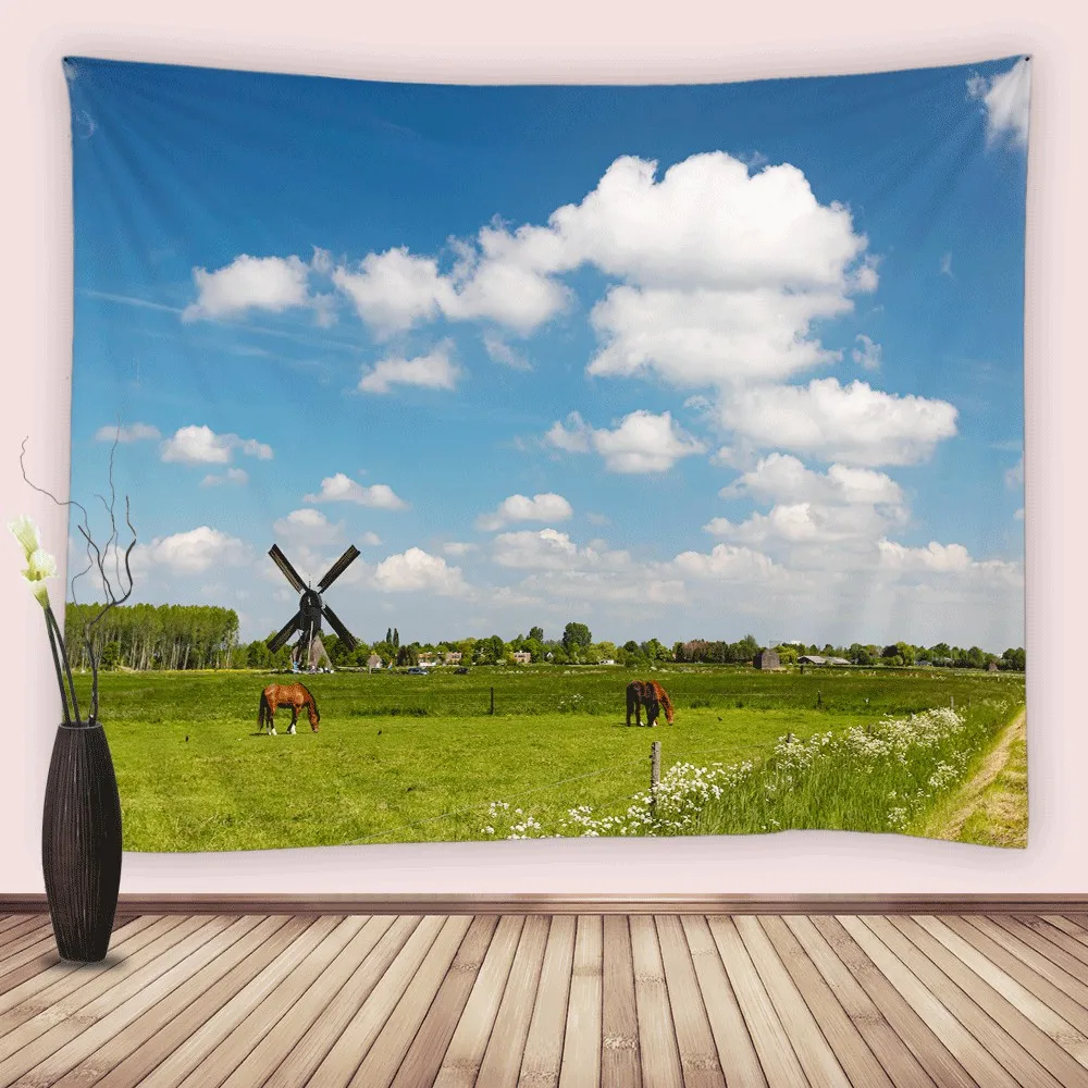 

Farm Ranch Horse Tapestry Wall Hanging Fabric Countryside Scenery Windmill Wildflowers Tapestries Cloth Blanket Beach Towel Home