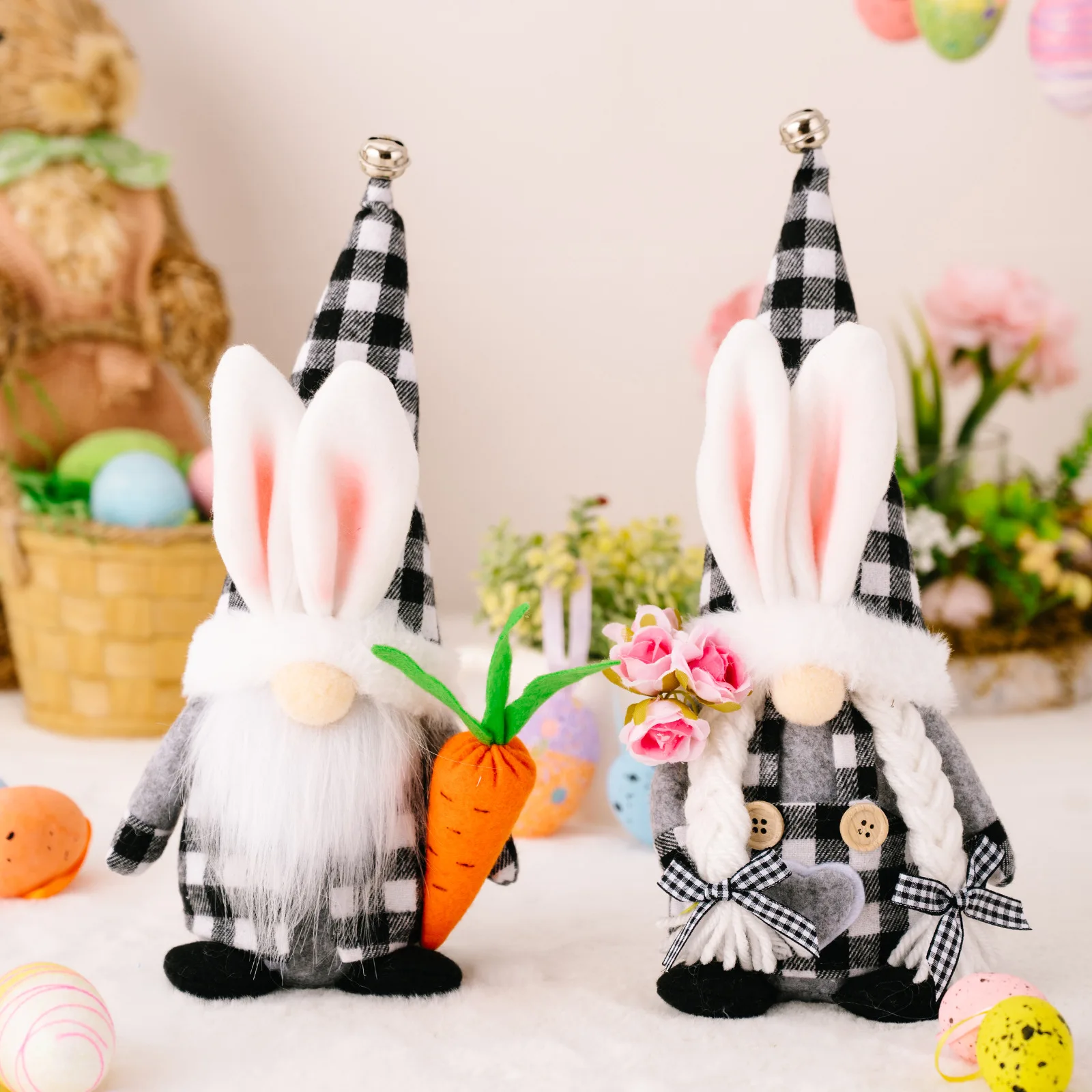 

Easter Decoration Black and White Plaid Bunny Ears Holding Carrot Doll Creative Tabletop Knick-knack