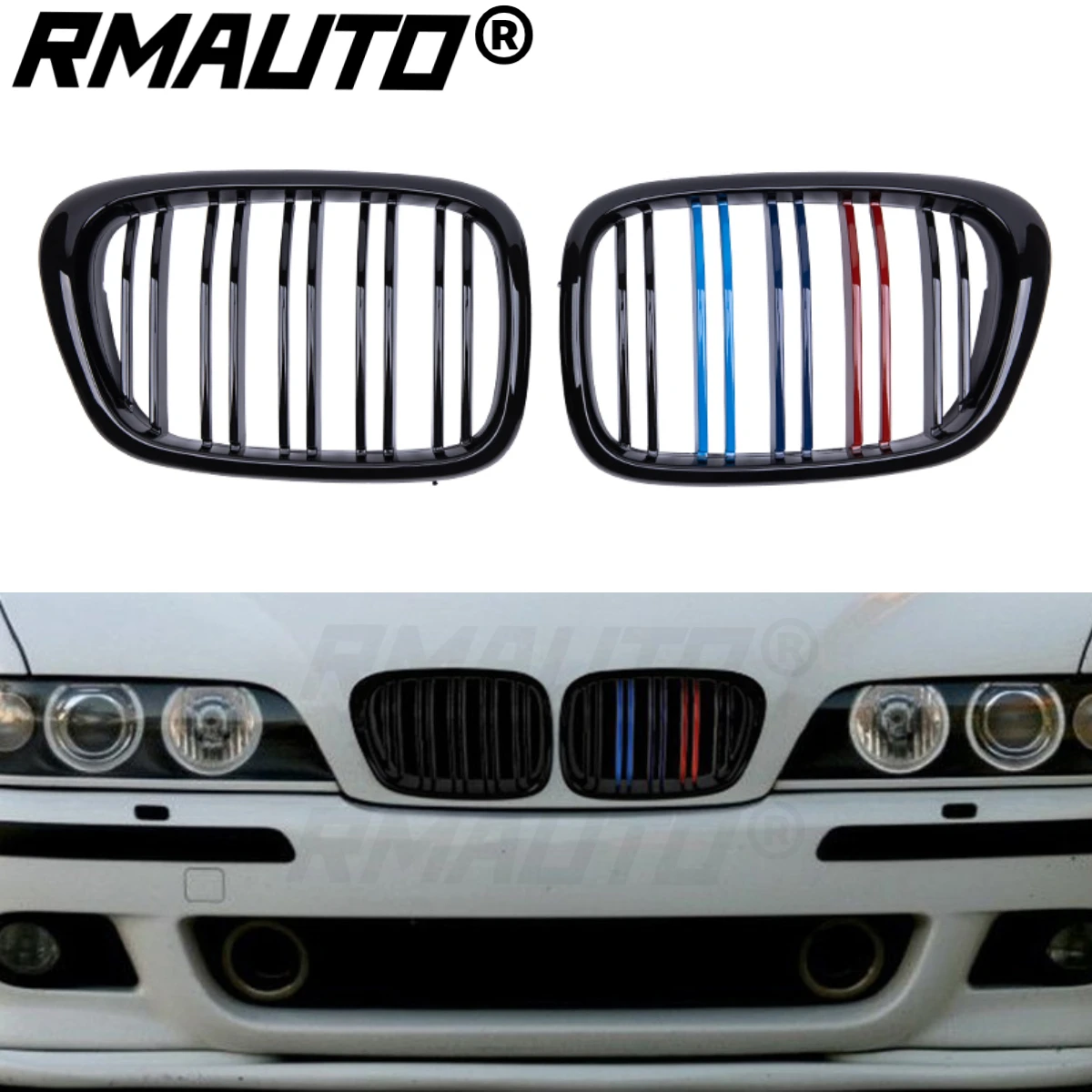 

RMAUTO M стильный передний бампер, решетка радиатора, гоночный гриль, глянцевый черный для BMW E39 5 серии 1997-2003, комплект для тюнинга кузова автомо...