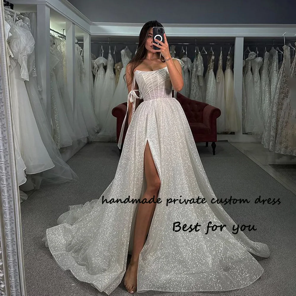 

Sparkly Tulle A Line Wedding Dresses for Bride Off Shoulder Princess Wedding Bridal Gowns with Slit