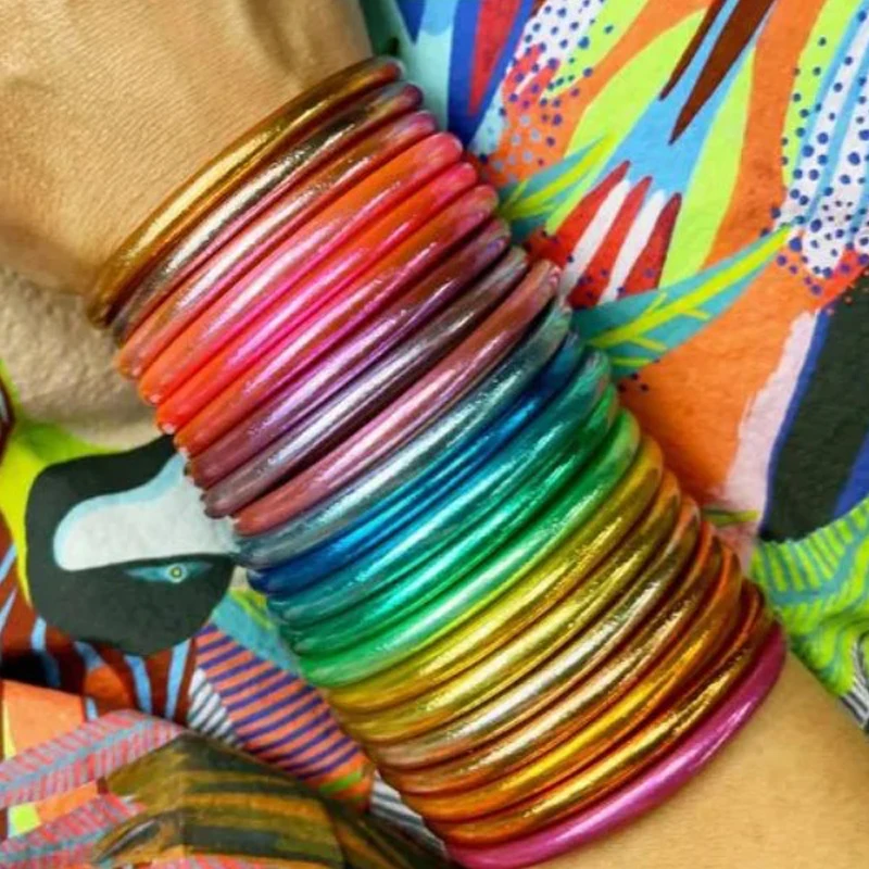 

New Arrival Handmade Buddhists Gold Filled Foil Bangle Bracelet Colorful Shiny Jelly