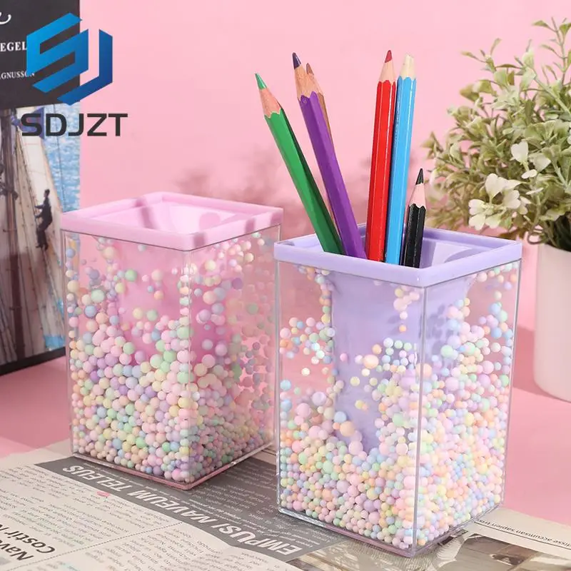 

1PC Cute Foam Ball Style Transparent Pen Holder Decoration Storage Creative Desktop Large Capacity Squar Shape Pencil Case