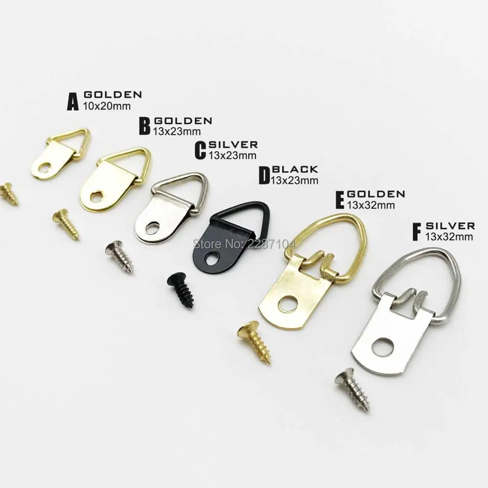 

20pcs Golden Silver Black Triangle D-Ring Hanging Oil Painting Mirror Picture Frame Hanger Art Work Photo Wall Hook with screws
