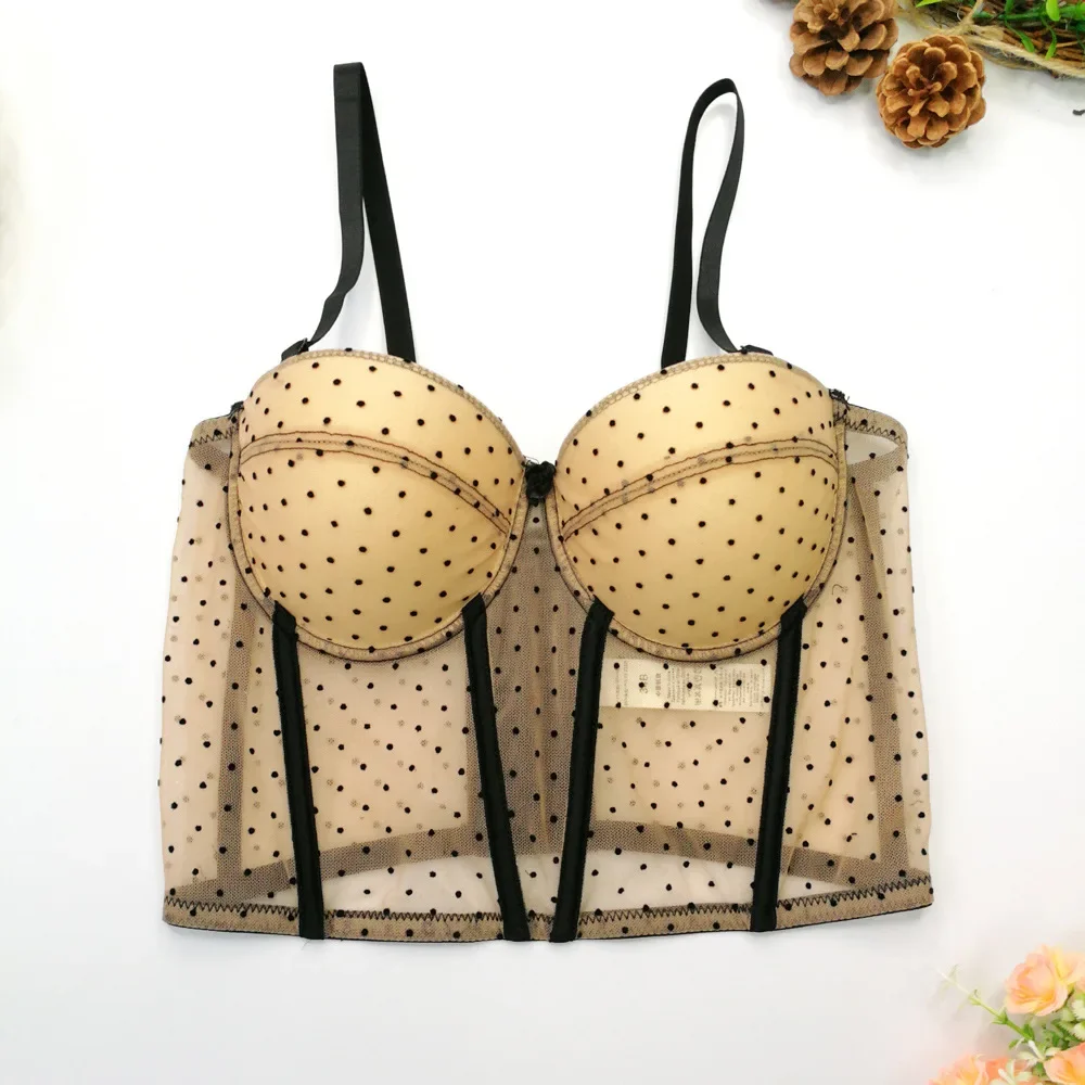 Кружевной бюстгальтер пуш-ап в горошек с вышивкой на косточках прозрачный