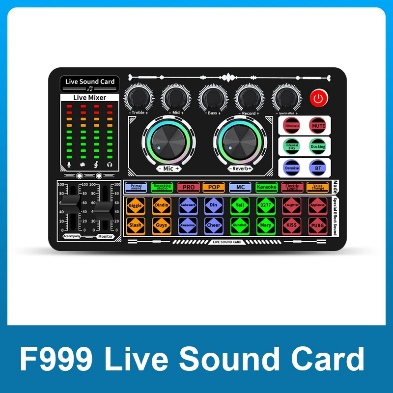 

F999 Sound Card Audio Mixer Live Sound Card Voice Changer Mixing Console Amplifier Sound Card Phone Computer Universal