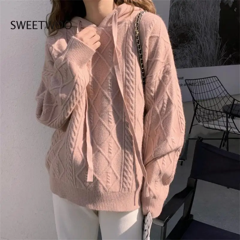 

2022 Autumn New Loose Solid Color Knit Pullover Tops for Women Korean Casual Hooded Sweater Female Simple Warm Knitted Sweaters