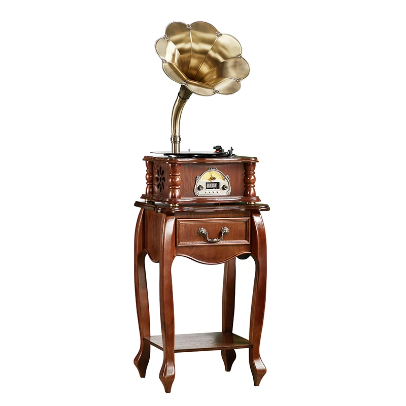 

Home Decorative Vintage Gramophone Record Player with wooden base Brass Horn Vintage Music Player Customized For Sale