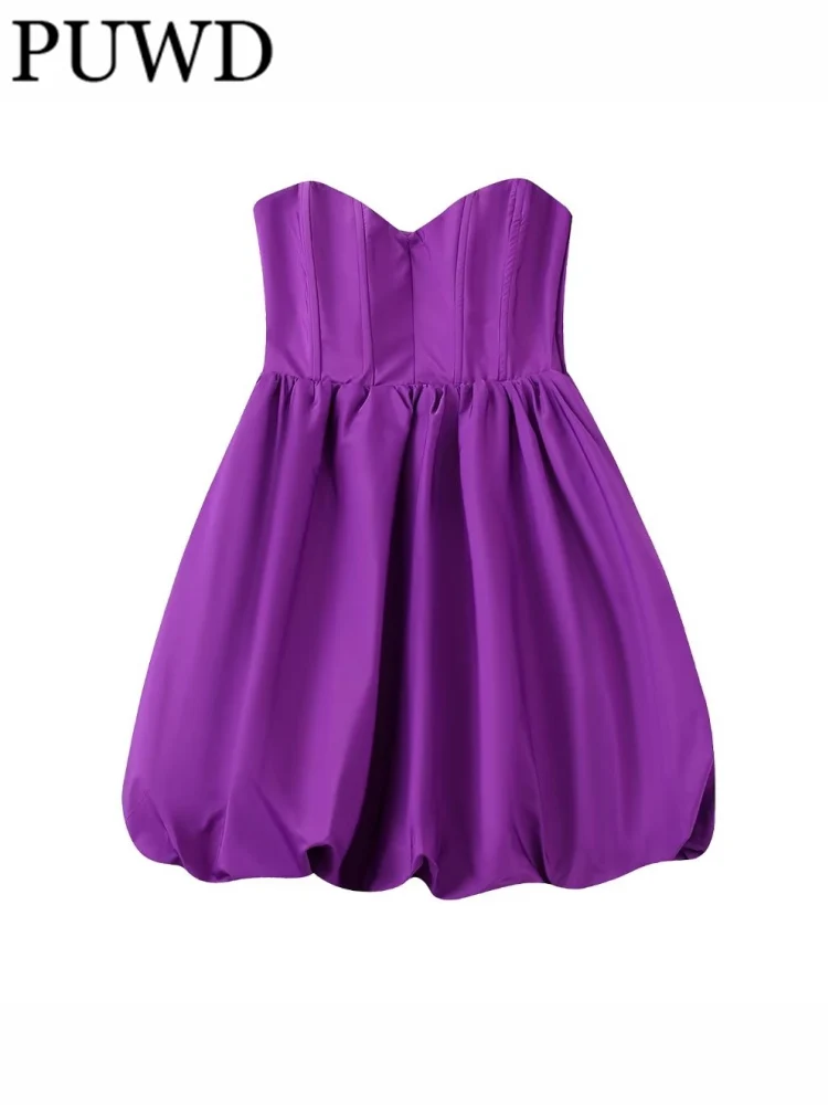 

PUWD Women Fashion Purple Strapless Loose Mini Dress Vintage Side Zipper Sleeveless Female Dresses Vestidos Mujer