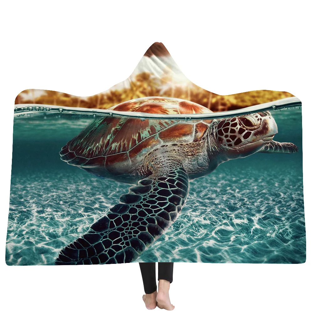 

3D Print Sea turtle Hooded Blanket Lazy Oversized Warm Cloak Cape Blanket Throws for Adults Kids Fleece Blanket Wearable Blanket