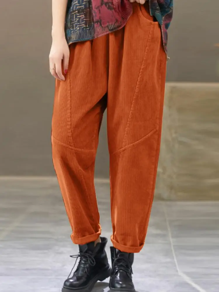 

ZANZEA Loose Elastic Waist Pants Women Casual Harem Fashion Elegant Corduroy TrousersOversize Vocation Pantalon Palazzo Female