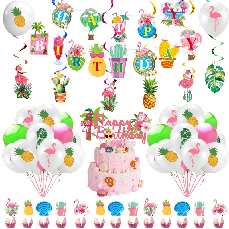 

56Pcs Flamingo Theme Birthday Party Disposable Tableware Hawaii Flamingo Theme Cupcake Toppers Party Balloons Banners Cake Flags