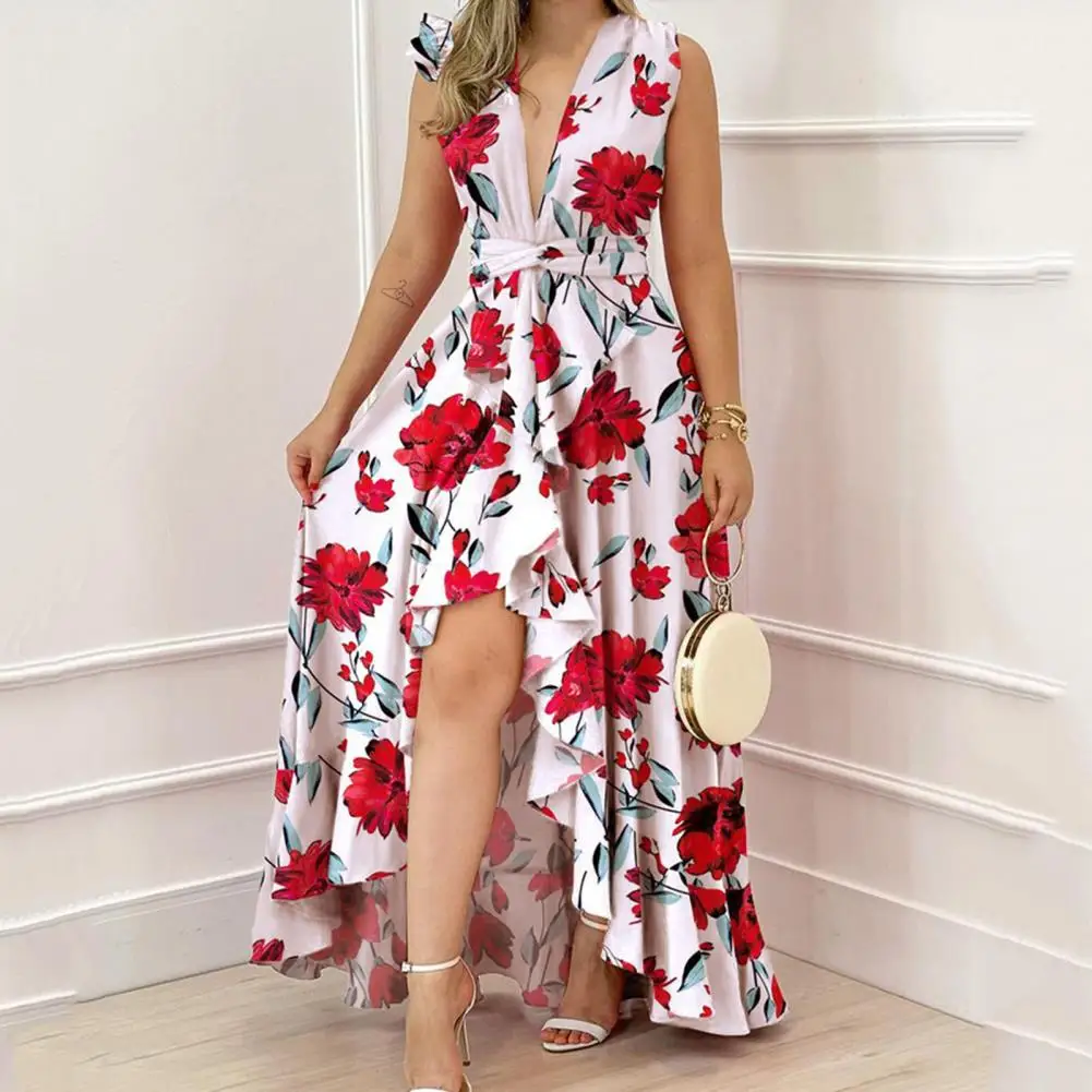 

Women Banquet Dress Solid Color Soft Elegant Tight Waist Sleeveless Flower Print Deep V Neck Prom Dress Female Clothes